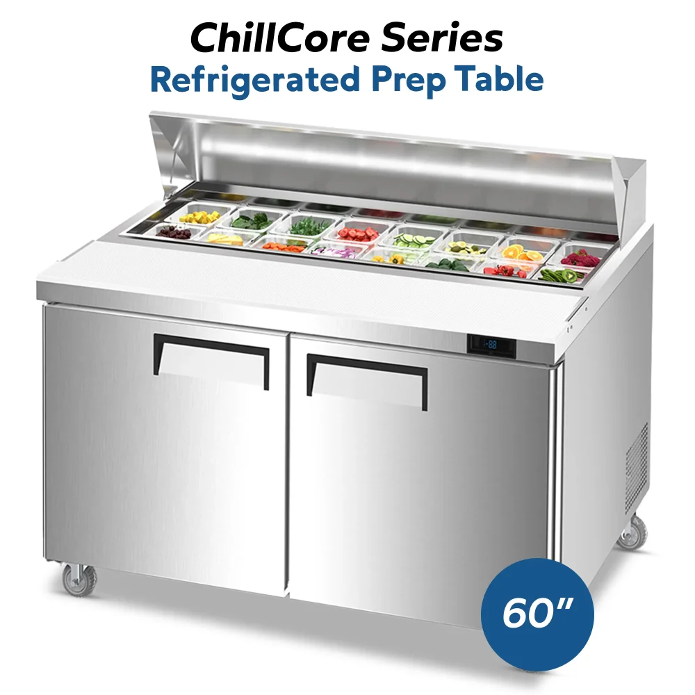 ChillCore Series 60" Refrigerated Sandwich/Salad Prep Table With 16 Pans, Stainless Steel, 1 Year Warranty
