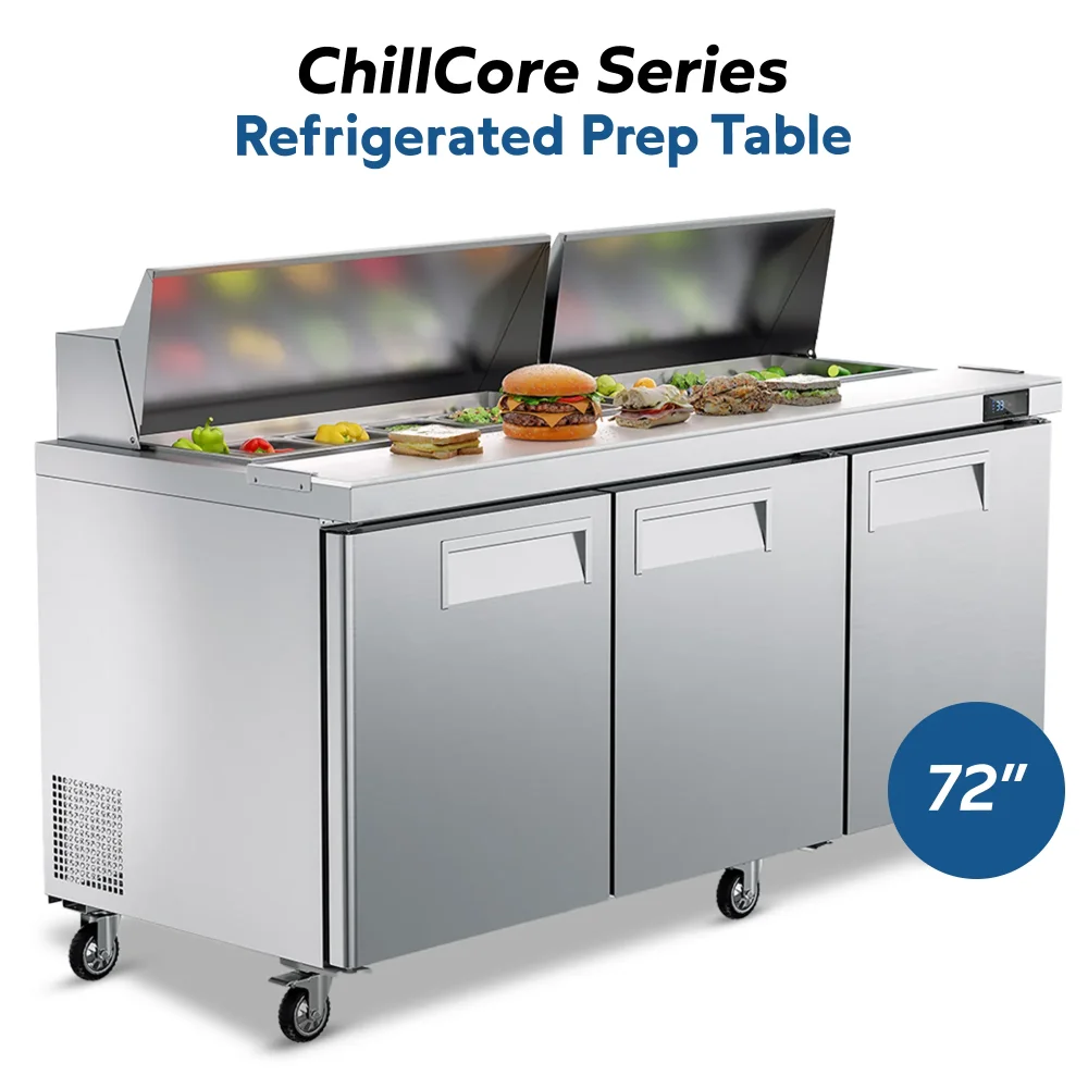 ChillCore Series 72" Refrigerated Sandwich/Salad Prep Table With 18 Pans, Stainless Steel, 1 Year Warranty