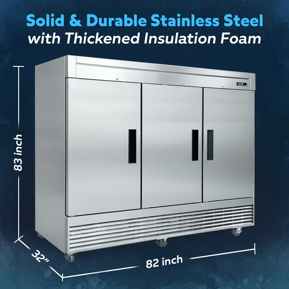 ChillCore Series 82" Reach-In Freezer, 3 Swing Solid Doors, 64.8 Cu. Ft., Stainless Steel