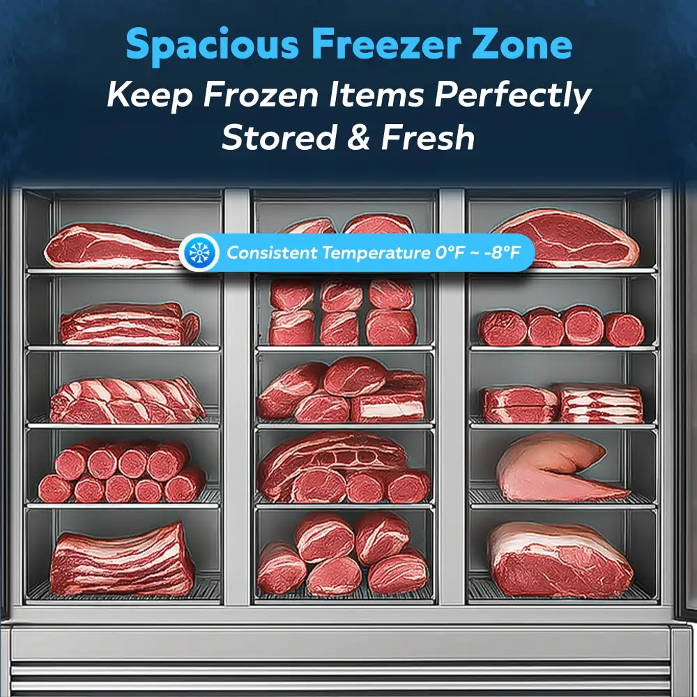 ChillCore Series 82" Reach-In Freezer, 3 Swing Solid Doors, 64.8 Cu. Ft., Stainless Steel