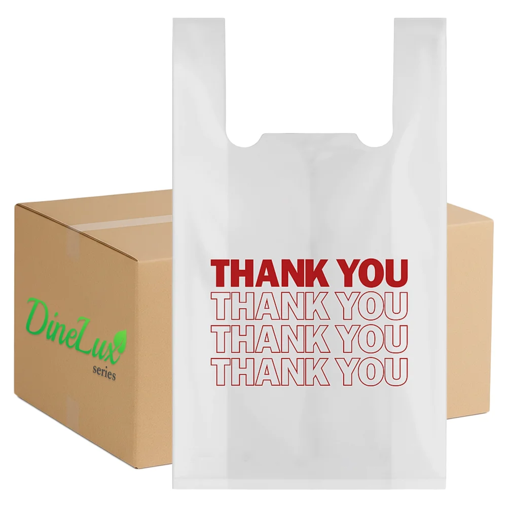 Dinelux Series 1/6 "Thank You" Printed T-Shirt Bags, Standard Size, White, 1000/Case