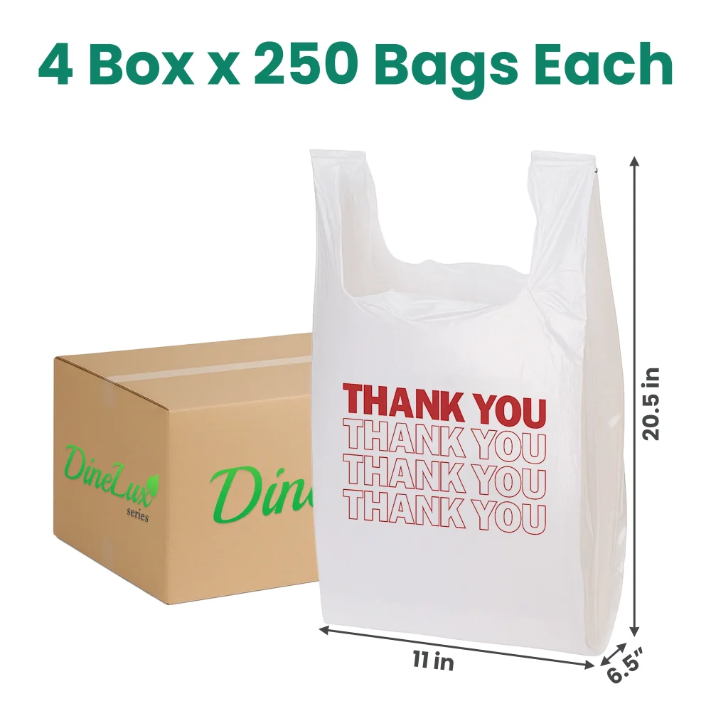 Dinelux Series 1/6 "Thank You" Printed T-Shirt Bags, Standard Size, White, 1000/Case