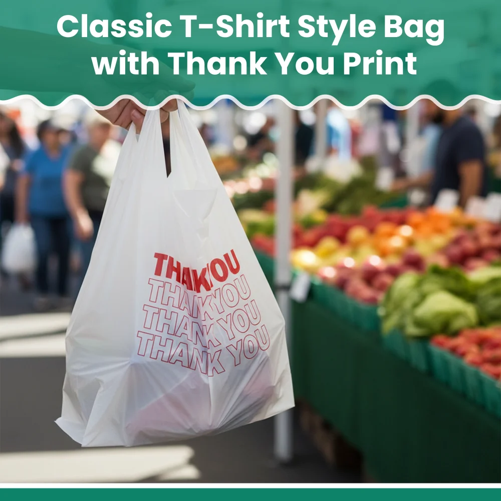 Dinelux Series 1/6 "Thank You" Printed T-Shirt Bags, Standard Size, White, 1000/Case