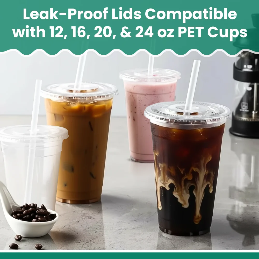 Dinelux Series Flat Lid with Straw Slot for 12oz to 24oz PET Cups, Clear, 1000/Case