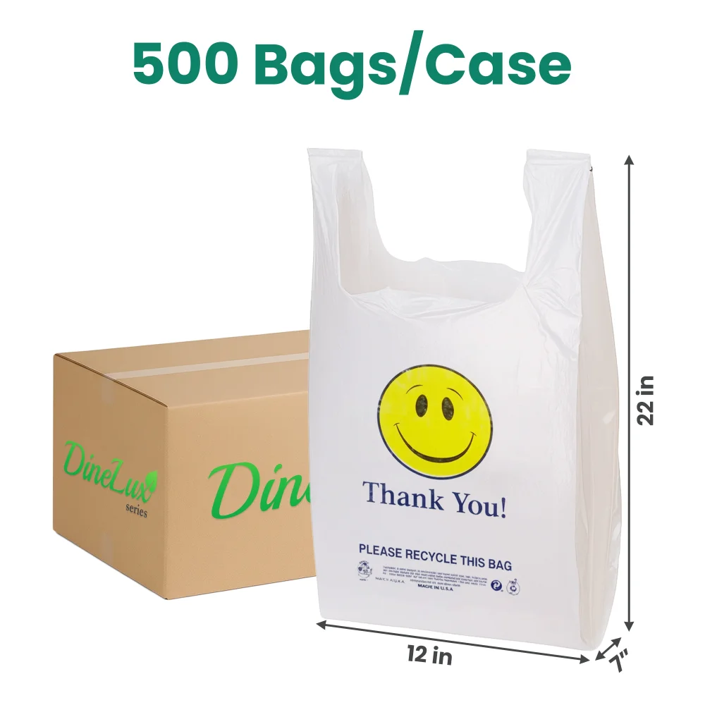 Dinelux Series 1/6 "Smiley Face" Printed T-Shirt Bags, White, 500/Case