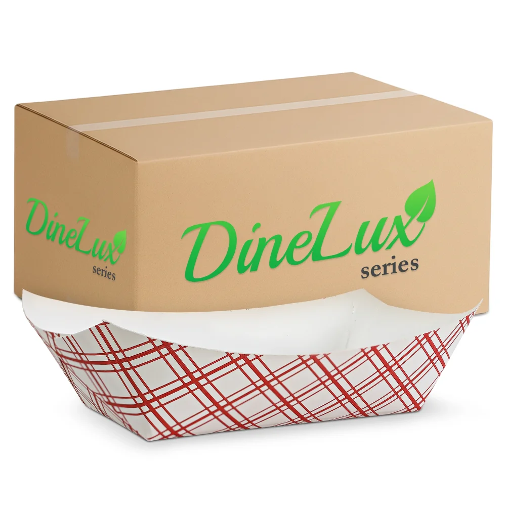 Dinelux Series 1 lb. Red Plaid Paper Food Tray, PFAS Free, 1000/Case