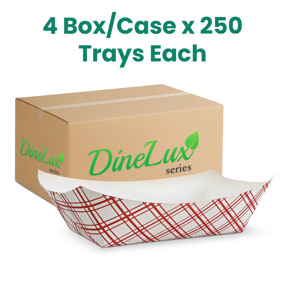 Dinelux Series 1 lb. Red Plaid Paper Food Tray, PFAS Free, 1000/Case