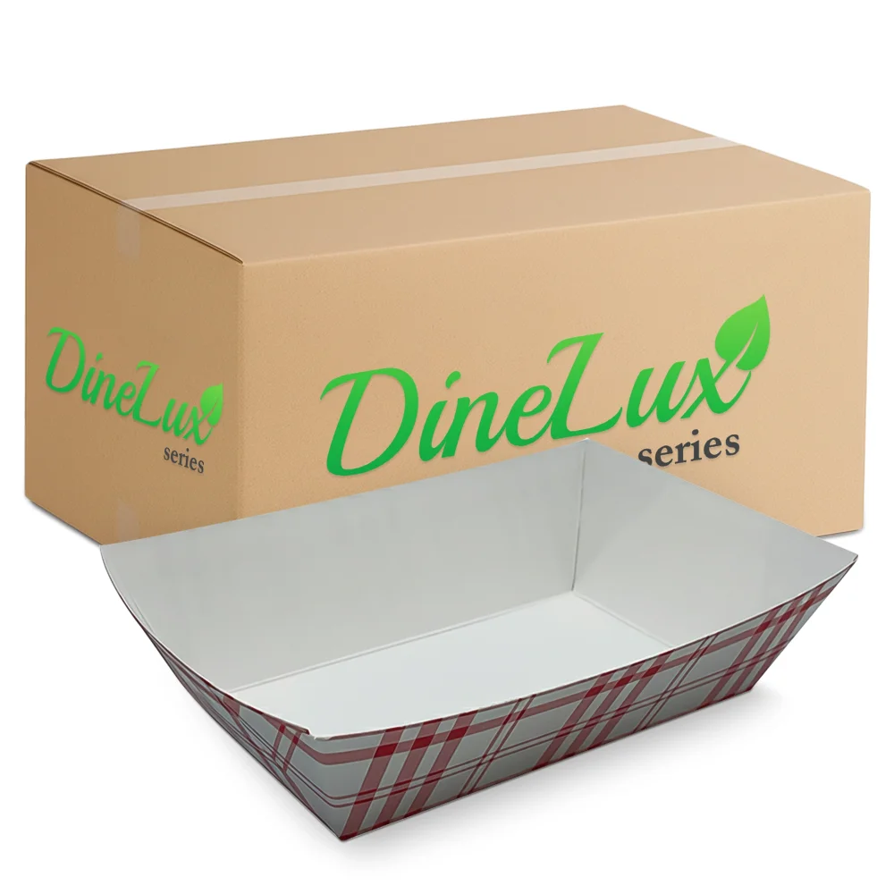 Dinelux Series 2 lb. Red Plaid Paper Food Tray, PFAS Free, 1000/Case