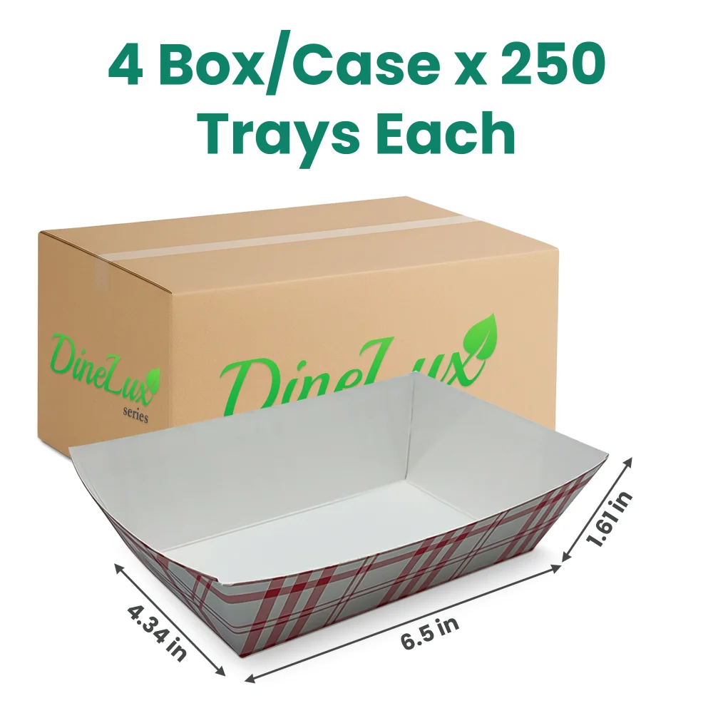 Dinelux Series 2 lb. Red Plaid Paper Food Tray, PFAS Free, 1000/Case