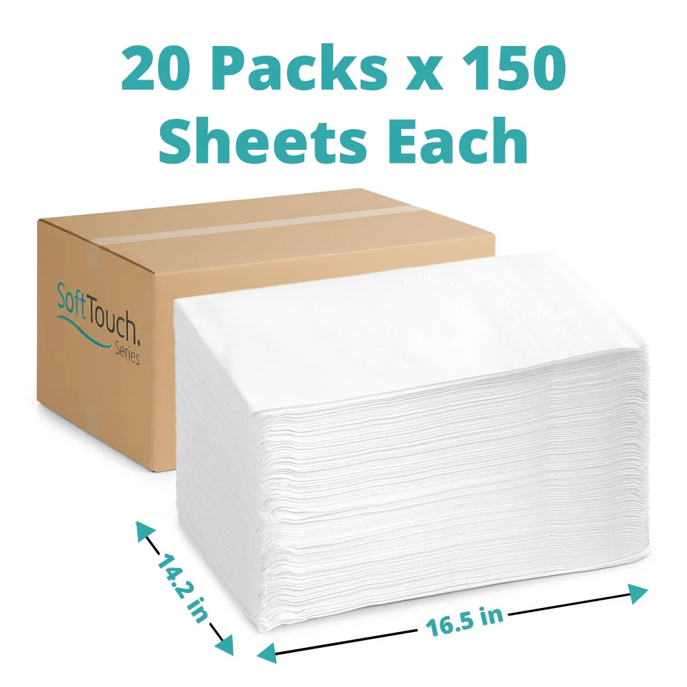 SoftTouch Series 1/8 Fold Dinner Napkin, 14.2 x 16.5 in, 2-Ply, White, 3000/Case