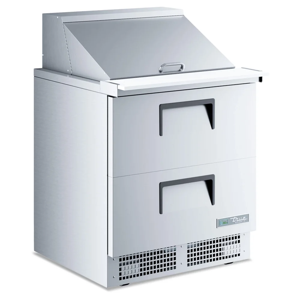 True stainless steel mega-top prep table with two refrigerated drawer, offering quick access to ingredients for fast service in delis and restaurants.