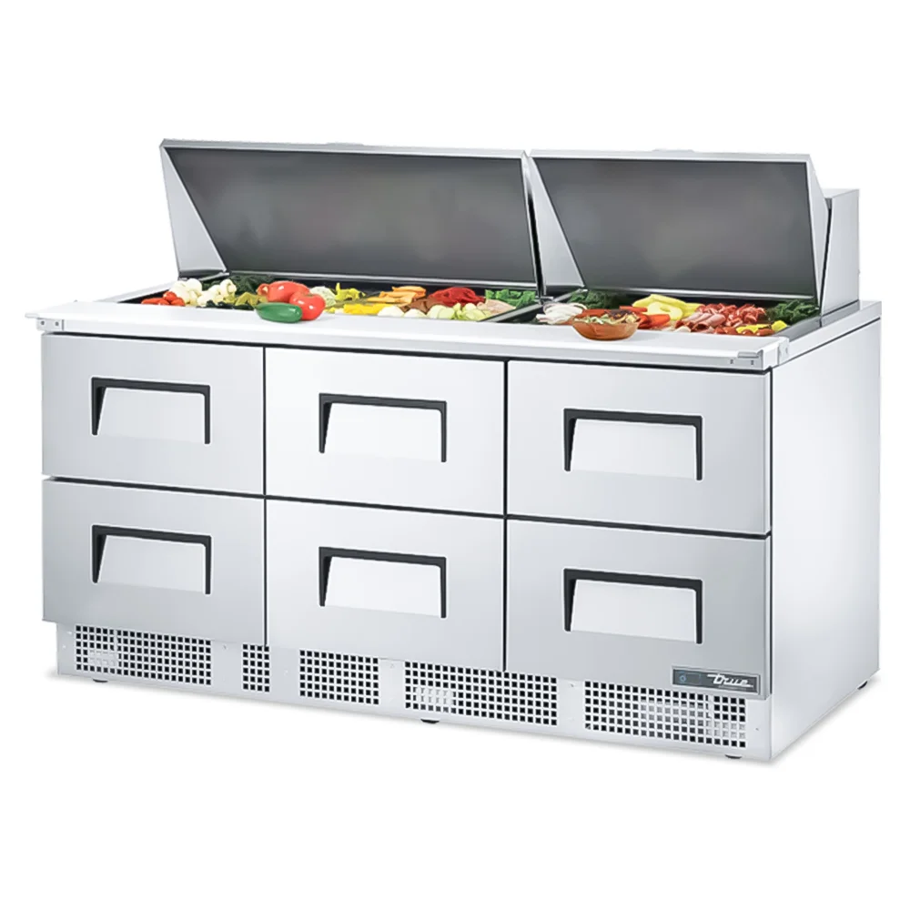 True high-capacity sandwich prep table with six refrigerated drawers, offering maximum organization and quick access to fresh ingredients.