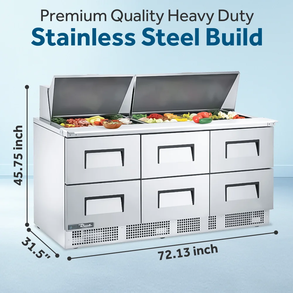 True TFP-72-30M-D-6 72" Mega Top Sandwich/Salad Prep Table, Holds 30 Pans, 7 Year Warranty