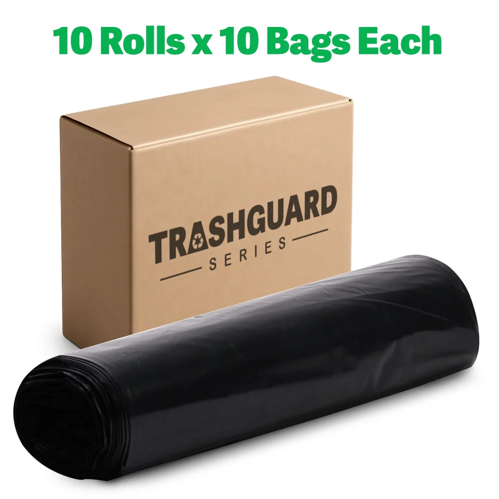 TrashGuard Series 60 gallon 1.5 Mil 38" x 58" Low-Density Black Trash Bag / Can Liner, 100/Case