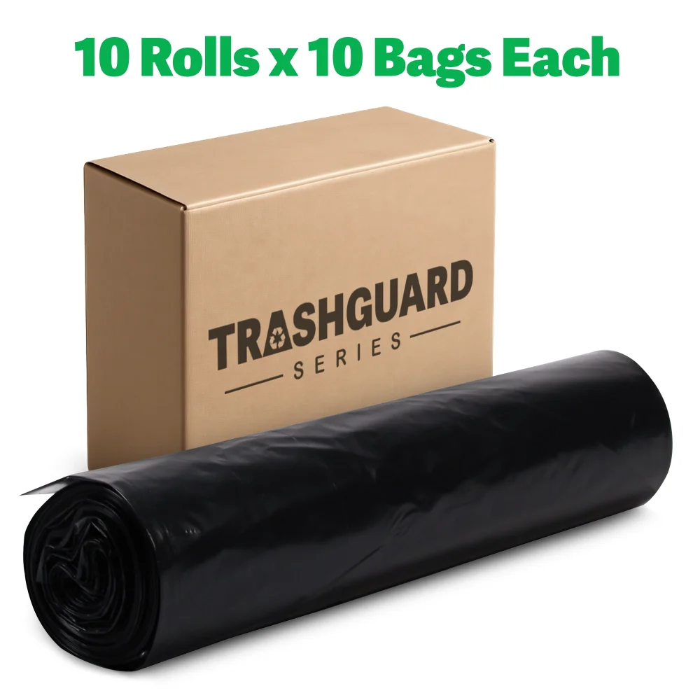 TrashGuard Series 40-45 Gallon 1.5 Mil 40" x 46" Low-Density Black Trash Bag / Can Liner, 100/Case