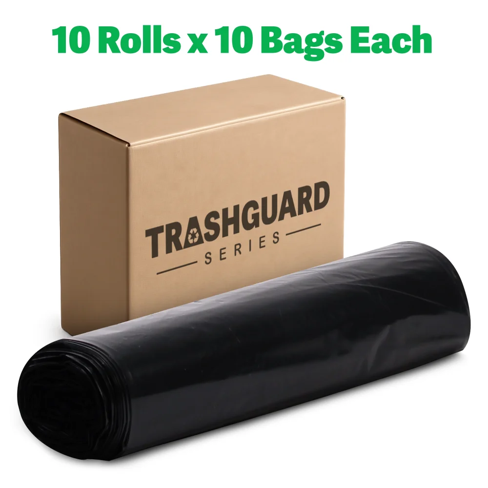 TrashGuard Series 56 Gallon 1.5 Mil 43" x 47" Low-Density Black Trash Bag / Can Liner, 100/Case