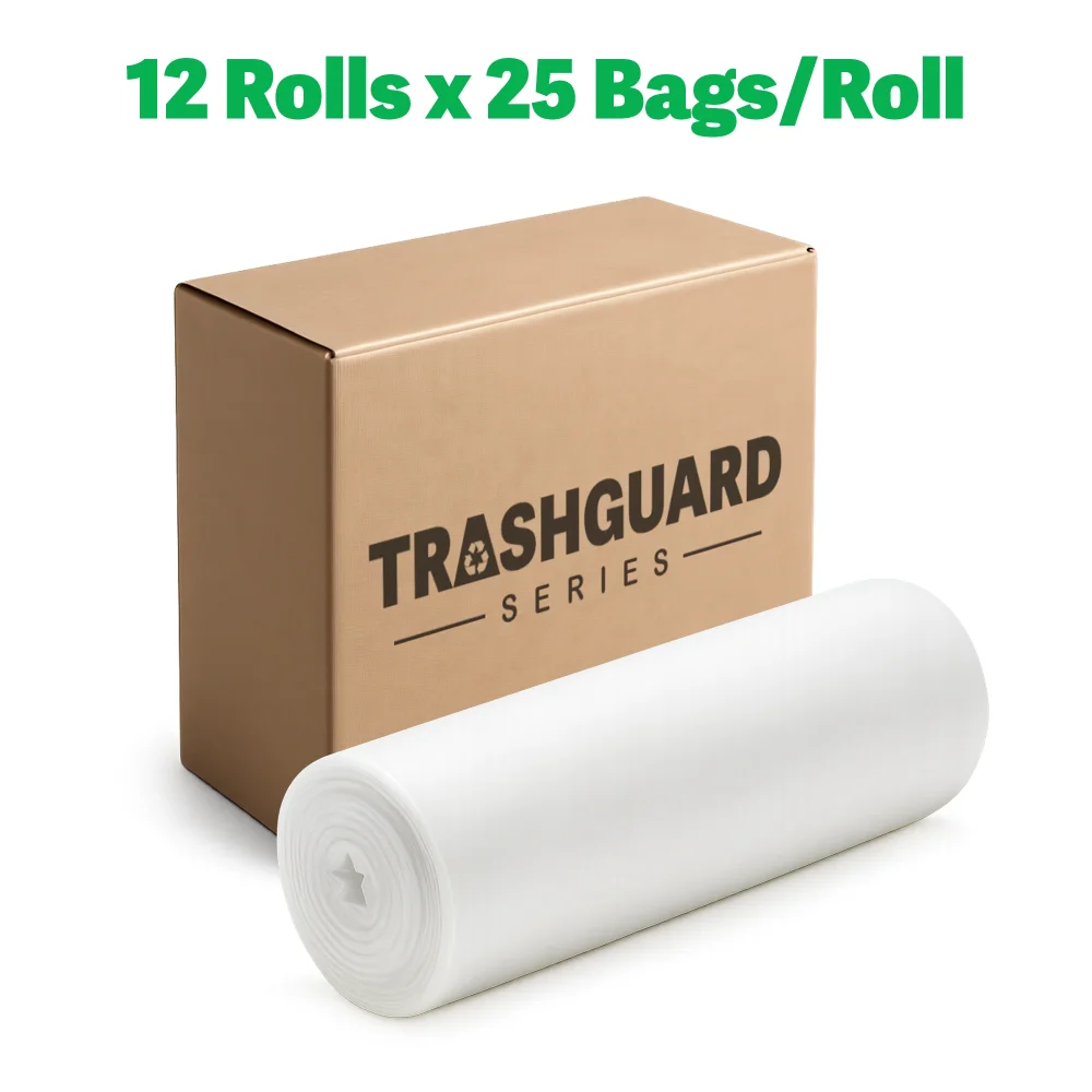 TrashGuard Series 12 Gallon 0.7 MIL Low-Density White Draw Tape Trash Bag / Can Liner, 300 Bags/Case