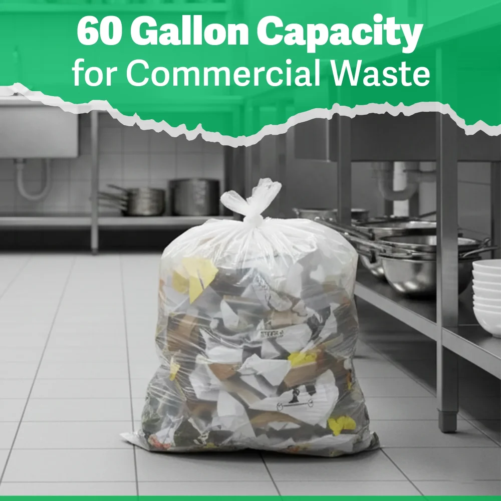 TrashGuard Series 60 Gallon 1.5 EQ MIL 38" x 58" Low-Density Clear Trash Bag / Can Liner, 100 Bags/Case