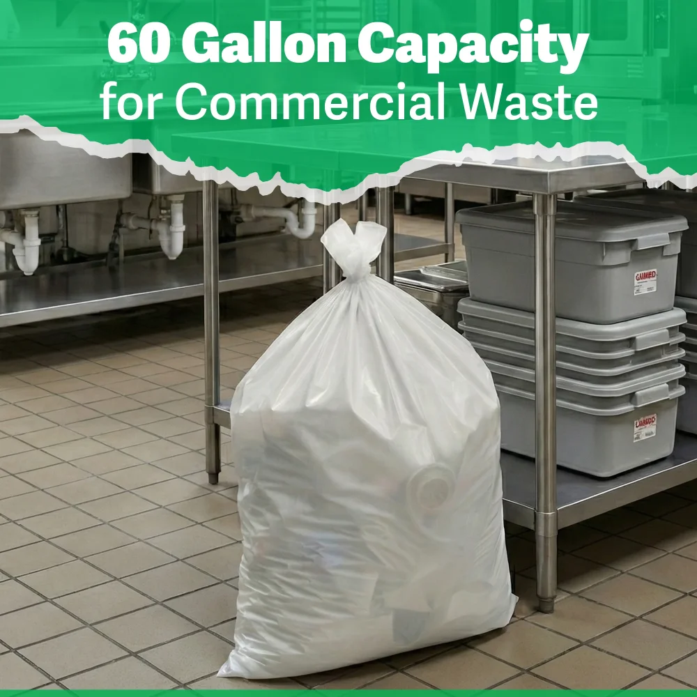 TrashGuard Series 60 Gallon 0.8 MIL 38" x 58" Low-Density White Heavy Trash Bag / Can Liner, 100 Bags/Case