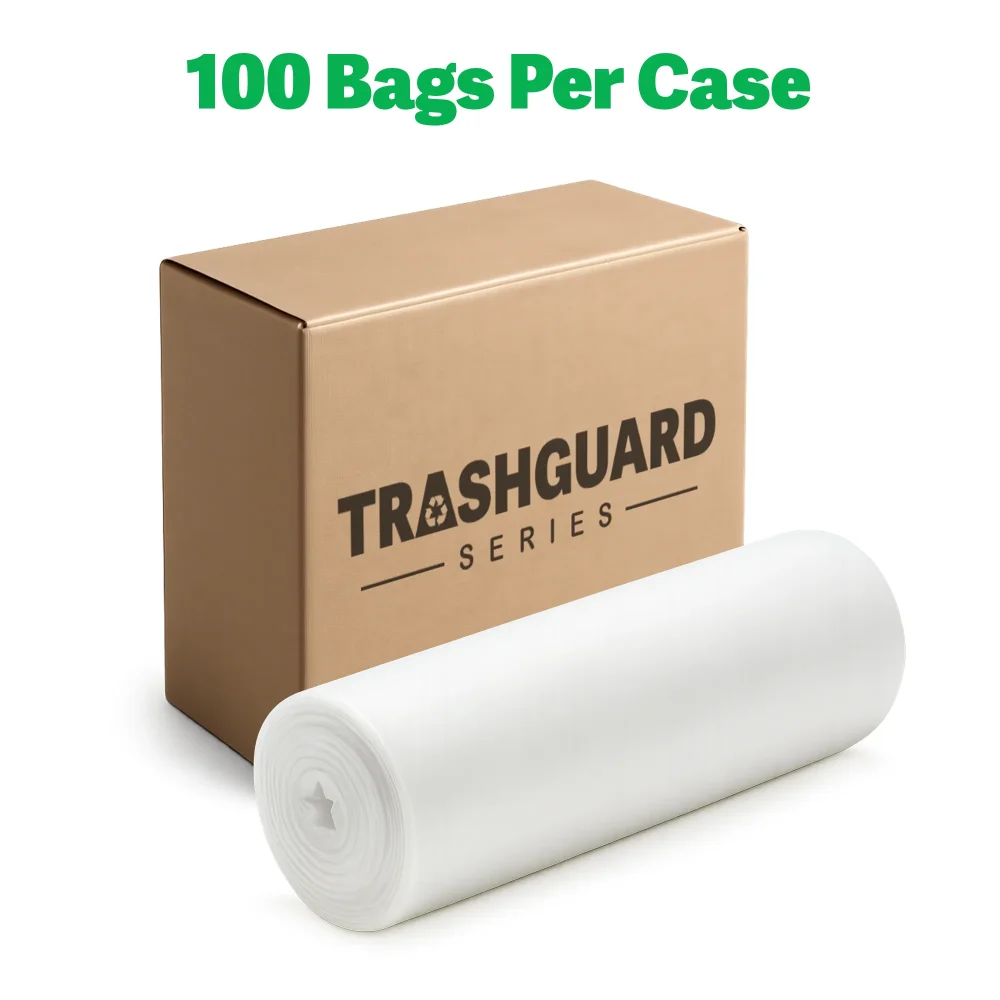 TrashGuard Series 60 Gallon 0.8 MIL 38" x 58" Low-Density White Trash Bag / Can Liner, 100 Bags/Case