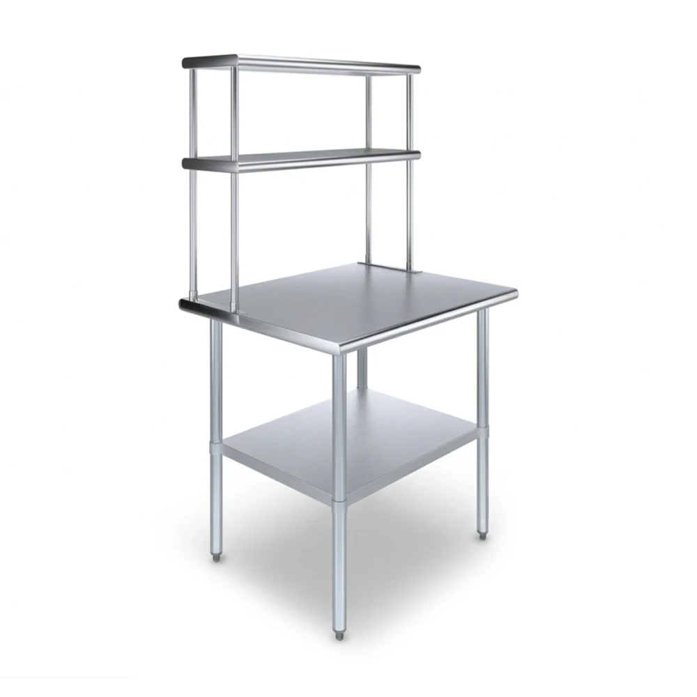 ChefPro Series 30" x 36" 18 Gauge Work Table with Undershelf, 12" Wide Double Tier Overshelf, 430 Stainless Steel