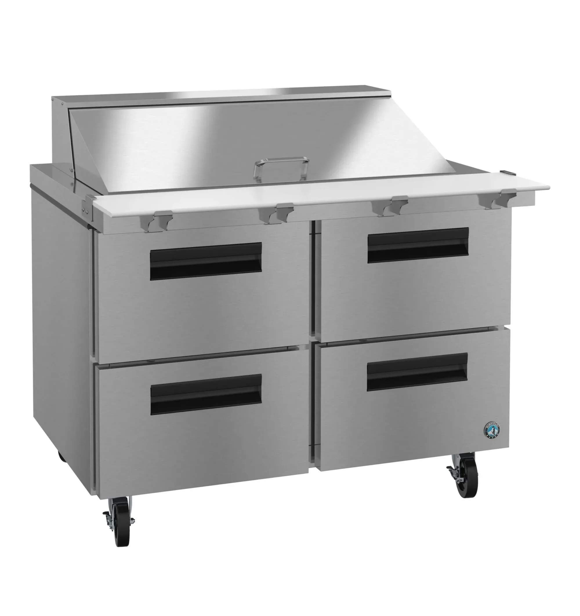Stainless steel Sandwich/Salad prep table from Hoshizaki America with a refrigerated base, multiple pans, and four drawers, engineered for quick prep.