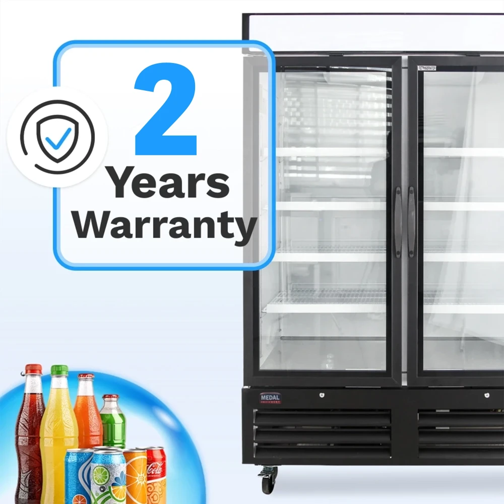 Medal Equipment 54" Reach-In Merchandiser Refrigerator, 2 Glass Doors, Black Powder Coated Steel, 2 Year Warranty