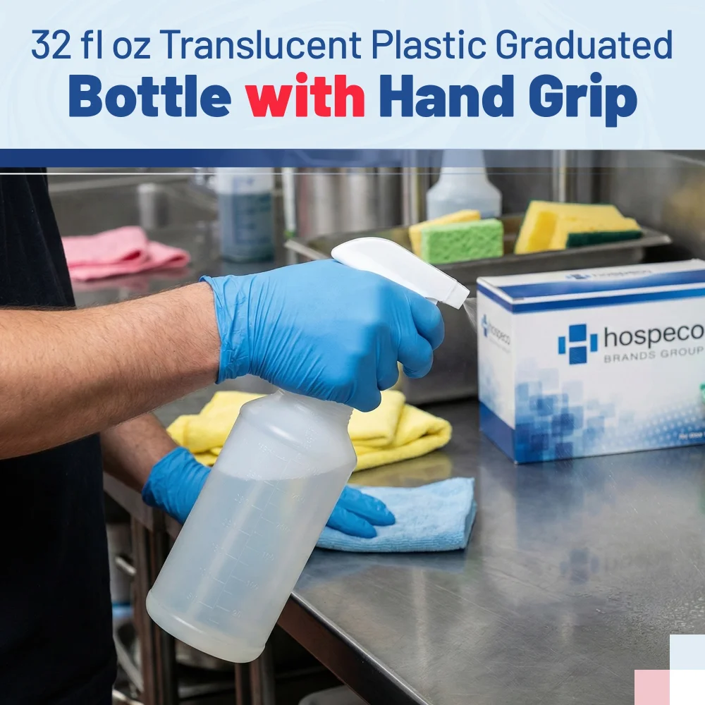 Hospeco 32 oz Plastic Bottle with Graduations & Hand Grip Translucent