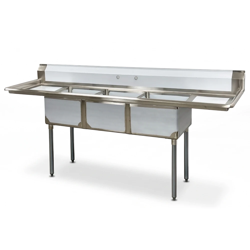 ChefPro Series 90" 3-Compartment Sink with 2 Drainboards, 18" x 18" x 34.8" Bowls, Stainless Steel