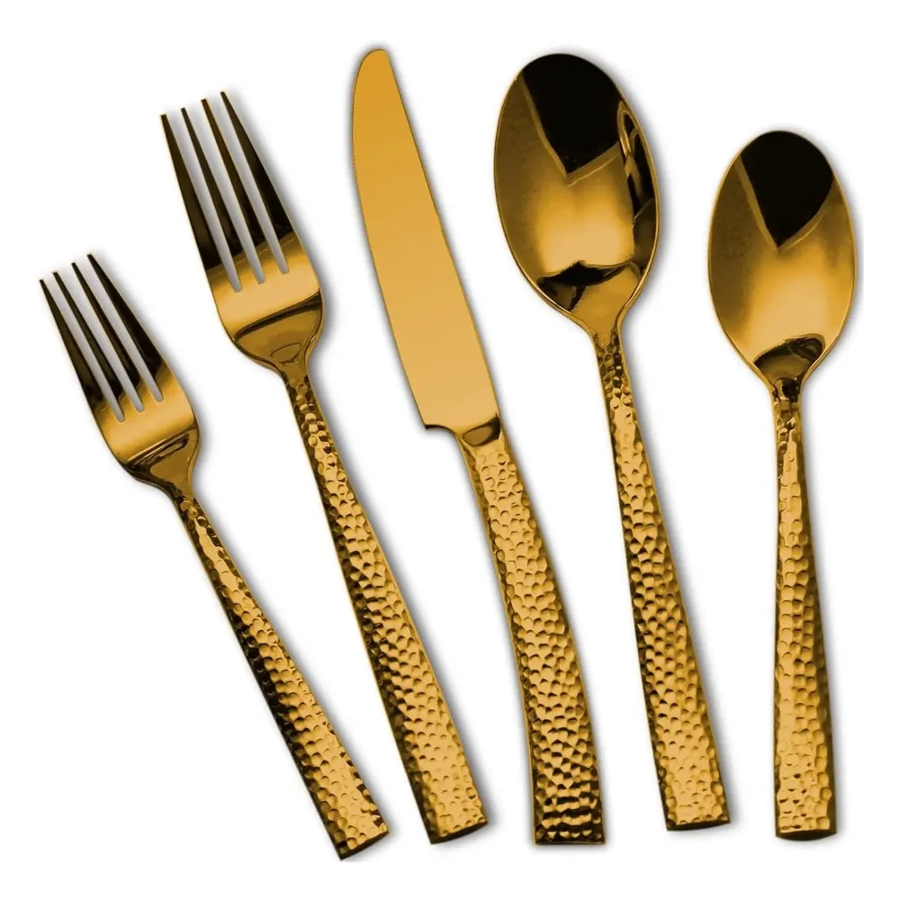 ServeCraft Series Stainless Steel Cutlery Set, Gold Hammered, Service for 4, 20 Pieces