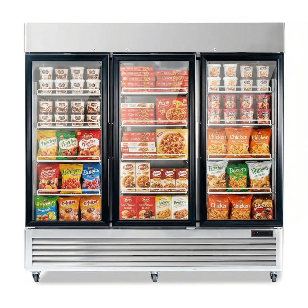 Platinum Frost Series 82" Commercial Reach In Freezer Merchandiser, 72 Cu.ft, Three Door, 12 Shelves, Stainless Steel, -8°F to 0°F