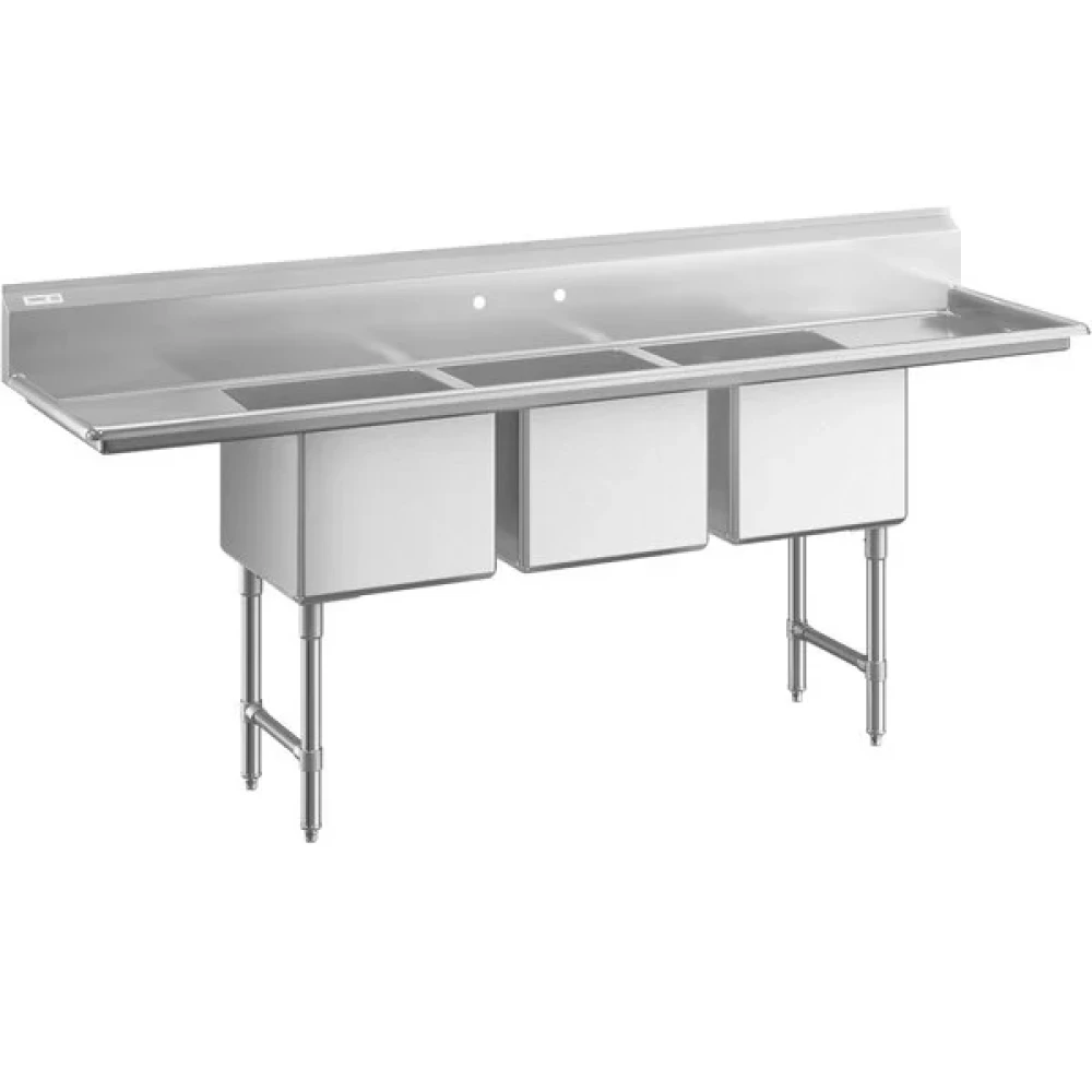 ChefPro Series 94" 3 Compartment Commercial Sink with Stainless Steel Legs, Cross Bracing, Two 18" Drainboards, and 18" x 18" x 14" Sink Bowls