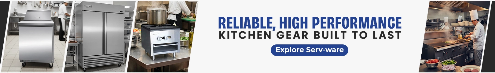 Serv-ware high-performance commercial kitchen gear displayed in a professional restaurant environment, including prep tables, refrigerators, and cooking equipment