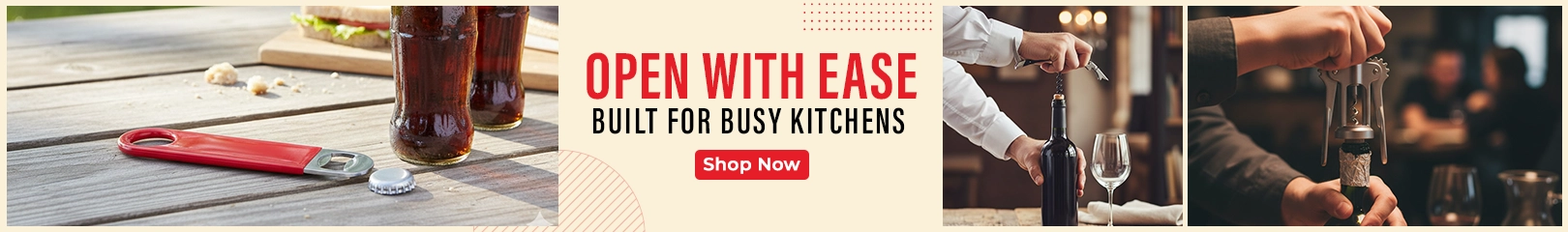 Bottle openers and corkscrews used to open beer and wine bottles easily in busy bar and kitchen service.