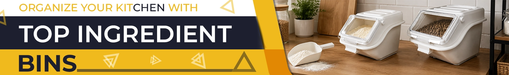 Commercial ingredient bins and food storage containers for organizing flour, grains, spices, and dry ingredients in restaurant kitchens and bakeries.