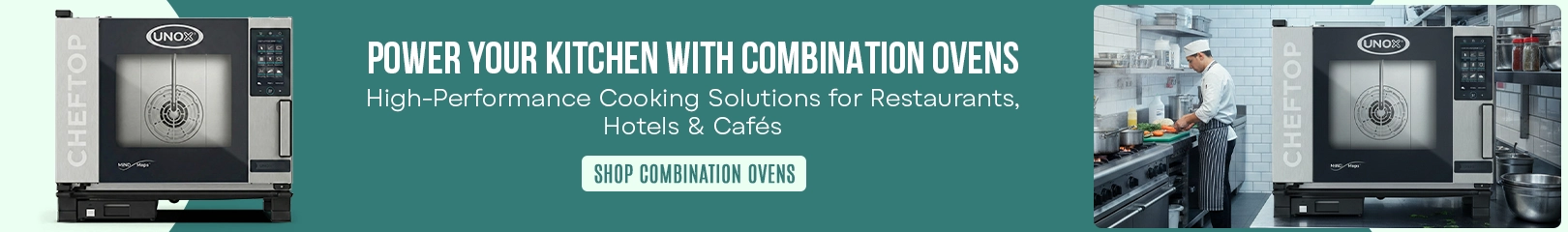 UNOX high-performance combination oven designed for restaurants, hotels, and cafés, shown in a working commercial kitchen environment