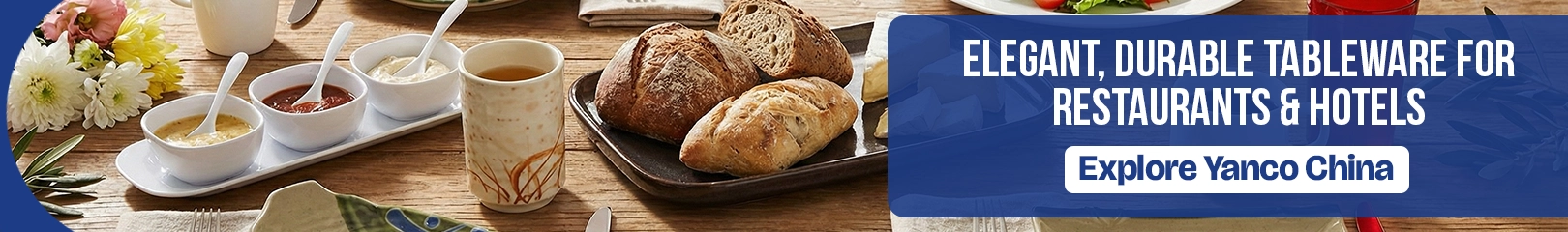 Elegant Yanco China tableware set with ceramic bowls, cups, plates, and bread display on a wooden table for restaurant, hotel, and café dining service.