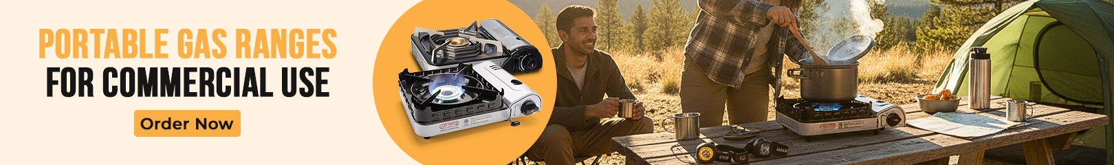 Portable gas ranges displayed with a campsite cooking setup where people are preparing food outdoors, shown with a banner promoting commercial-use gas ranges.