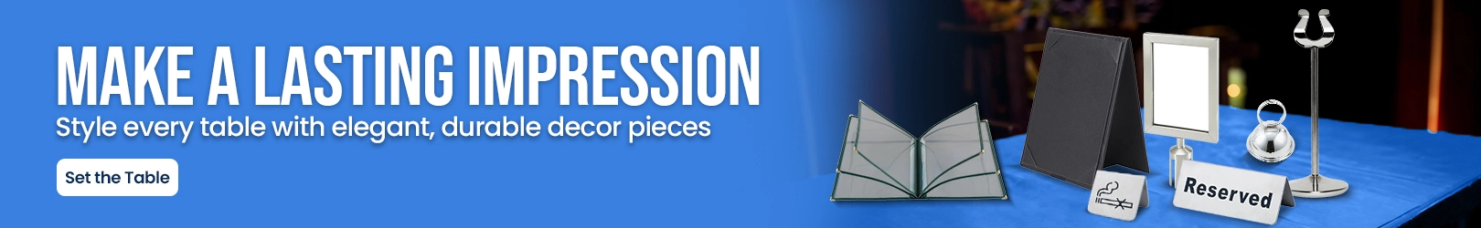 Tabletop decor items including menu covers, sign holders, reserved signs, and table stands displayed on a royal blue cloth background.