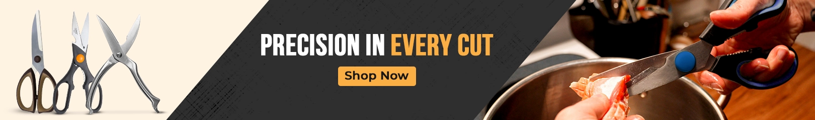 Kitchen shears in various styles shown alongside a chef using scissors to cut ingredients, with a banner highlighting precision cutting.