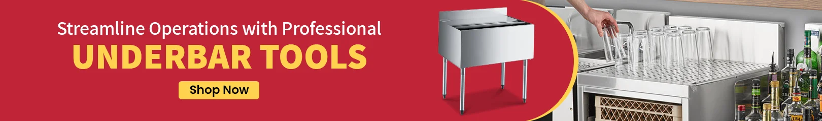 Professional underbar tools for bars including glass rinser, ice bin, and stainless steel bar equipment