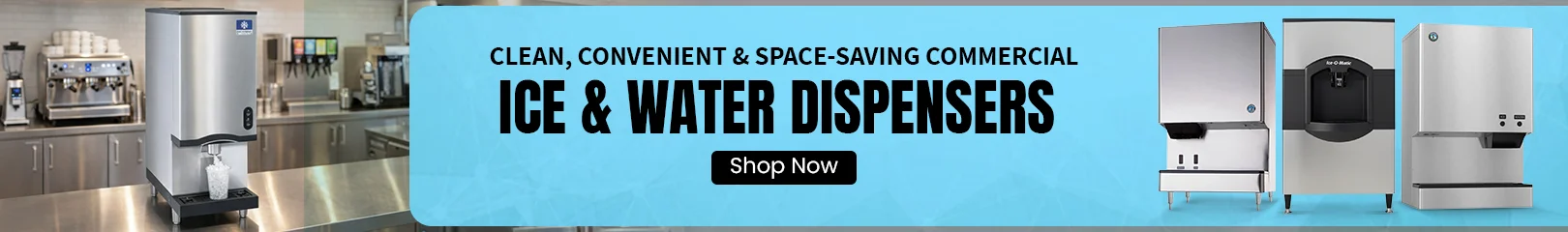 Commercial ice machines of different sizes and designs on a blue background, suitable for high-volume ice production in commercial settings.