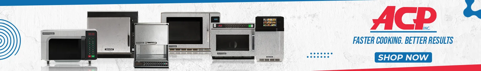 ACP commercial microwave ovens and accelerated cooking equipment for restaurants, cafés, and foodservice kitchens with ACP branding and promotional banner.