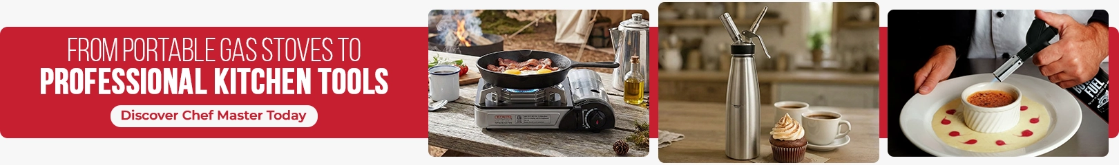 Chef Master portable gas stove, cream whipper, and culinary torch used for cooking and dessert presentation in professional and home kitchens.