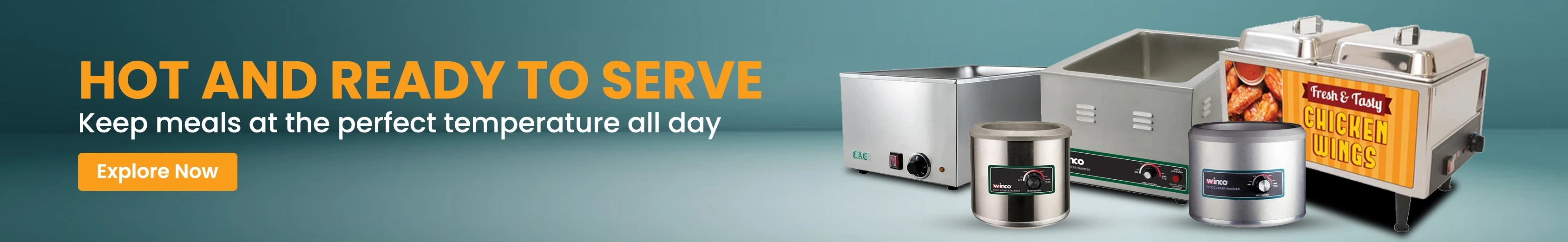 Collection of commercial food warmers, including countertop soup kettles and stainless steel hot food wells, displayed on teal background.