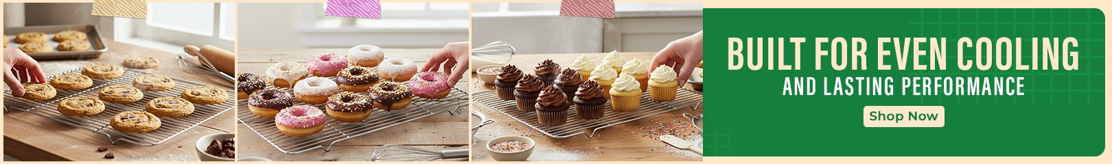 Cooling racks holding cookies, donuts, and cupcakes, designed for even cooling and reliable baking performance.