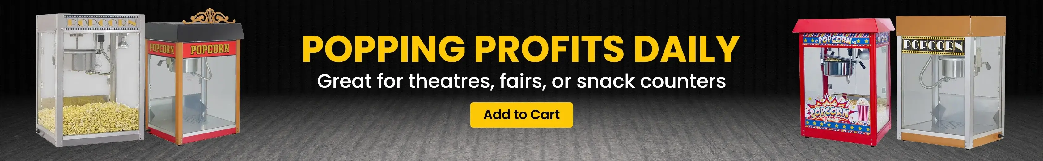 Various styles of commercial popcorn machines displayed on a grey floor with a dark textured wall background, ideal for theaters and snack counters.