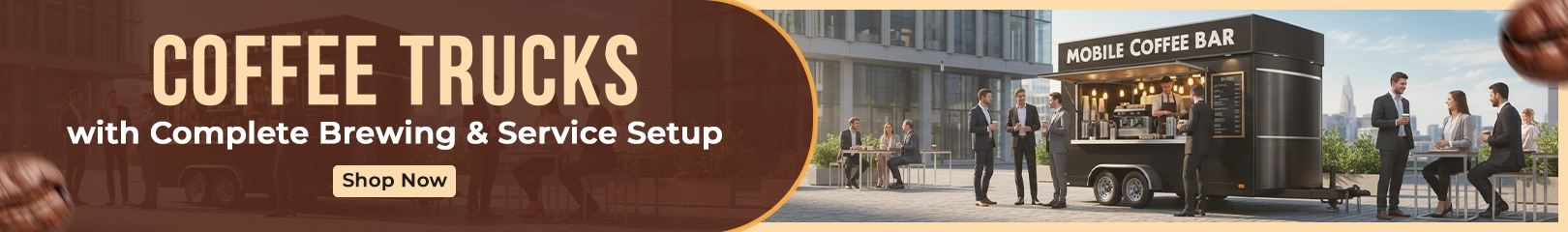 Coffee trucks with complete brewing and service setup featuring a fully equipped mobile coffee bar