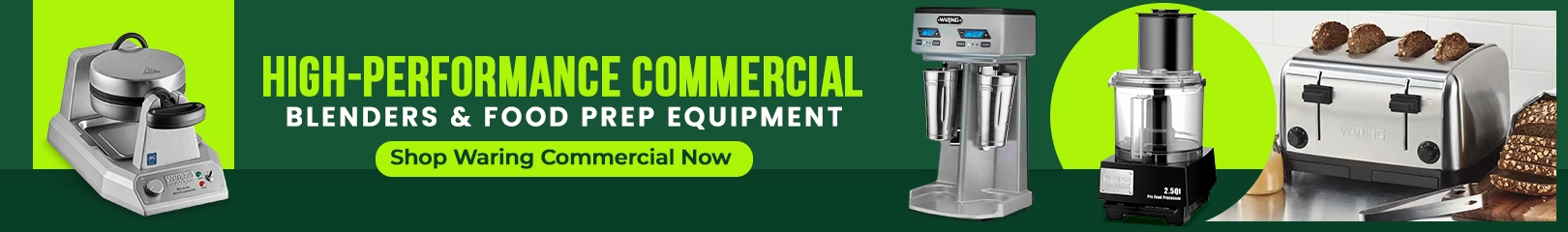 Waring commercial blender, milkshake mixer, food processor, and toaster for high-performance food preparation in restaurant and café kitchens.