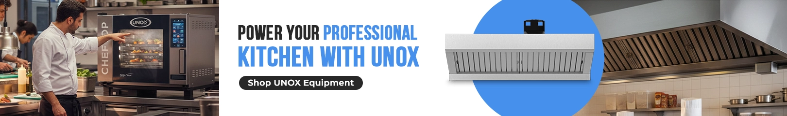 UNOX professional kitchen equipment including a commercial oven operated by a chef in a modern restaurant kitchen